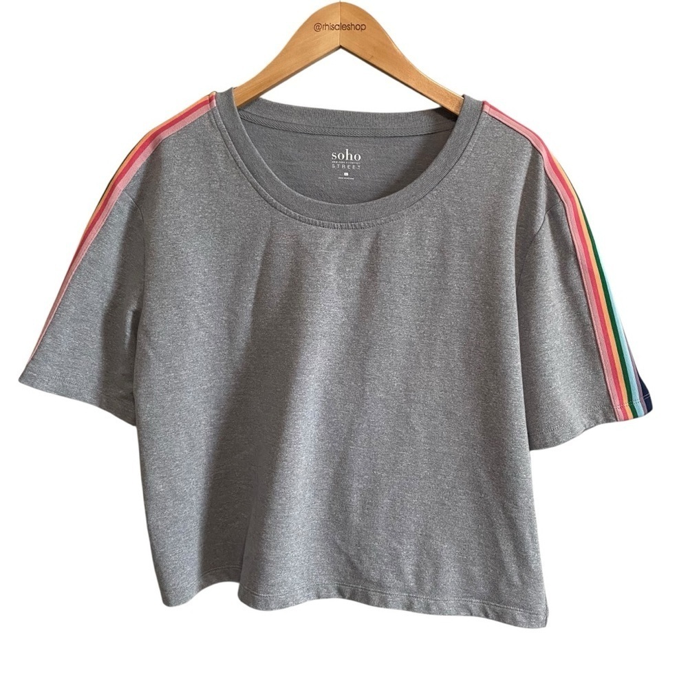 NY&CO Gray Rainbow Stripe Crew Neck Short Sleeve Crop Boxy Tee Size Large